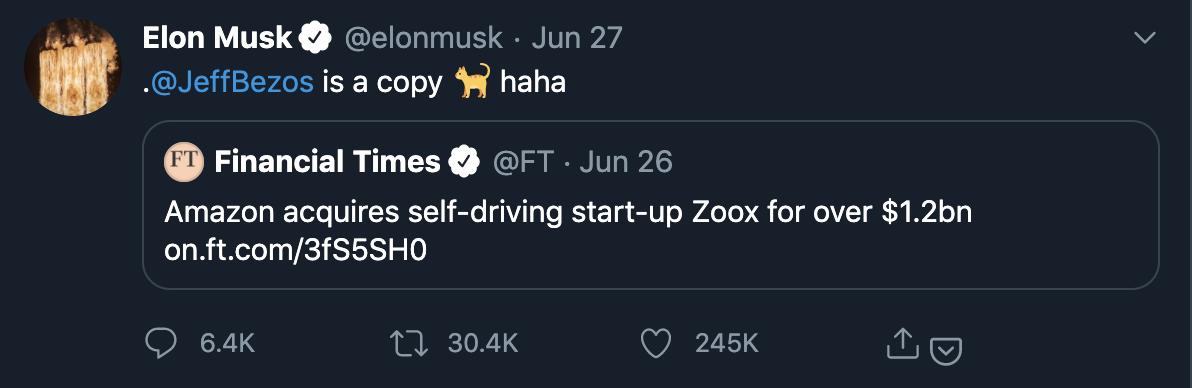 亚马逊12亿美元收购自动驾驶公司，马斯克：贝索斯是模仿者