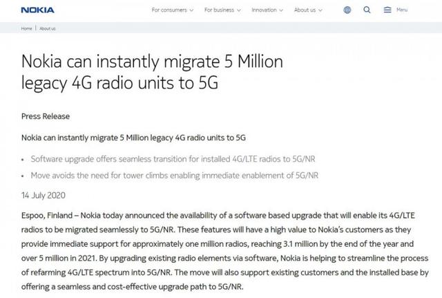 诺基亚：500万个4G基站可通过软件方式升级至5G网络