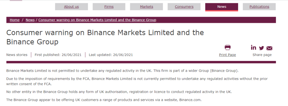 英国金融行为监管局向币安发出消费者警告