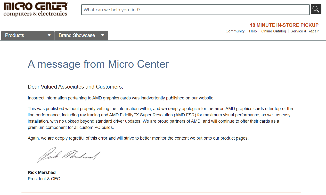 美经销商 Micro Center 就 AMD 显卡发表不当言论,CEO 道歉