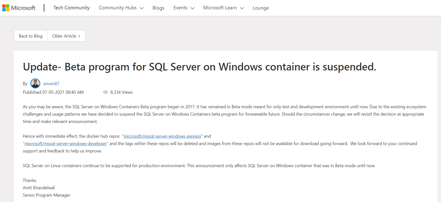 微软宣布暂停自家 Windows 容器的 SQL Server:去用 Linux 版吧