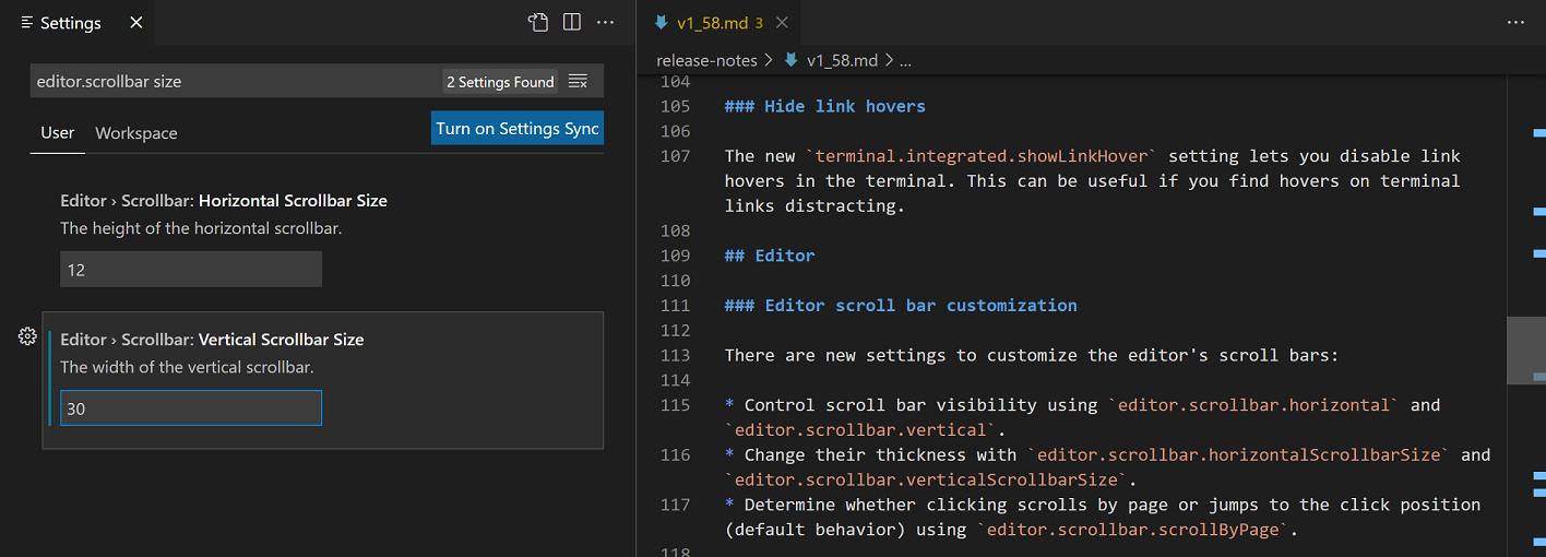 微软 VS Code 1.58 版本发布,带来大量改进 Vertical editor scroll bar width set to 30 pixels