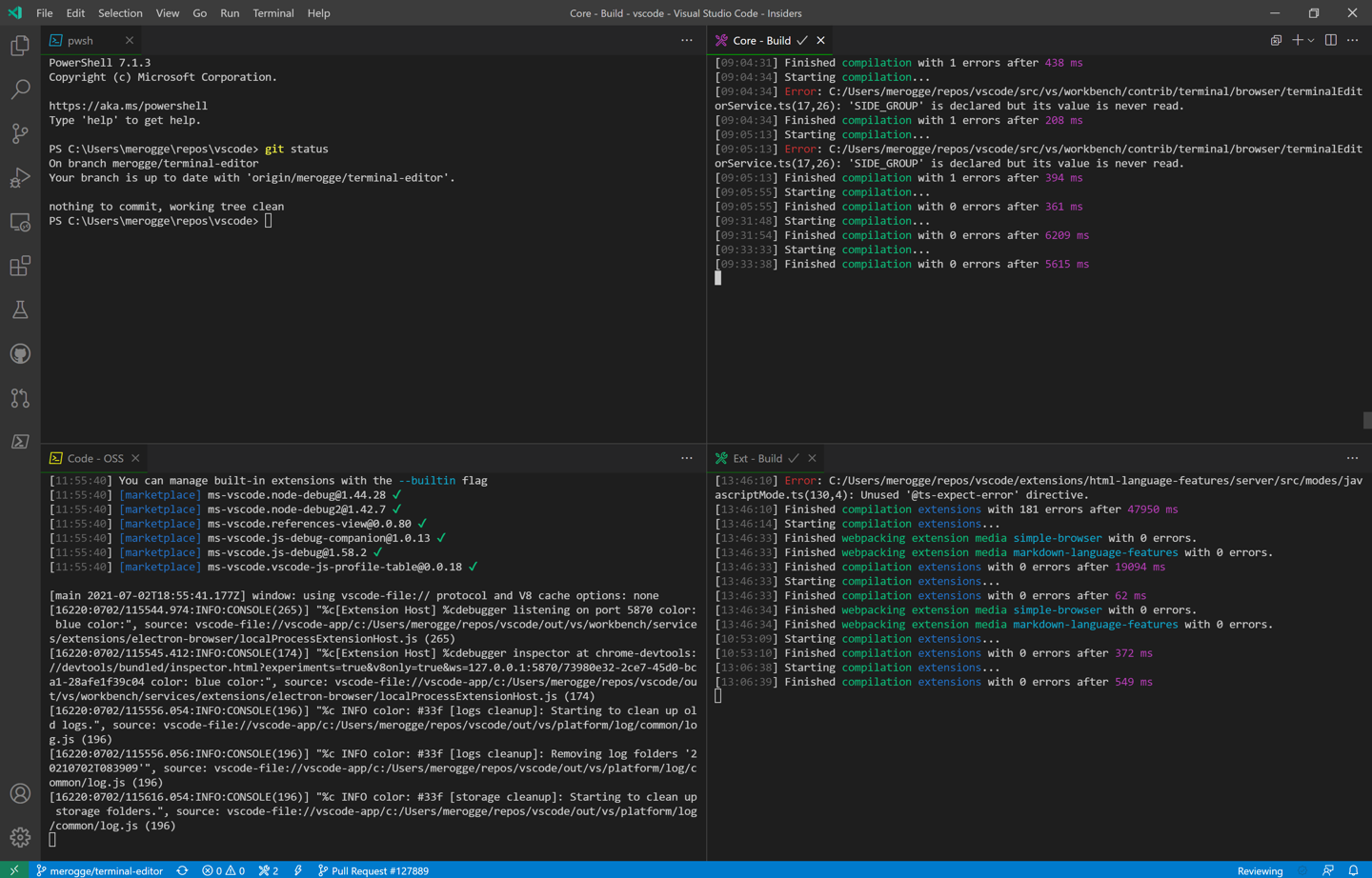 微软 VS Code 1.58 版本发布,带来大量改进 4 terminals in the editor area are laid out in a 2 by 2 grid