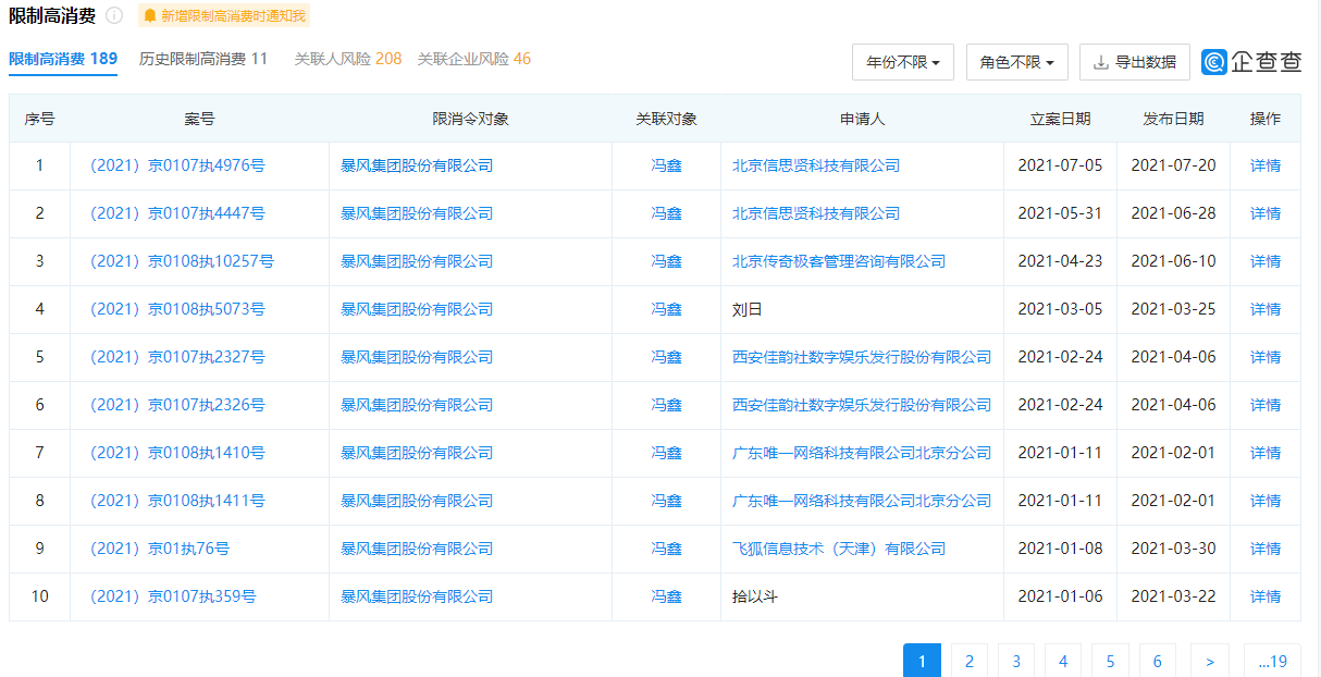 暴风集团及其法定代表人冯鑫再被限制高消费