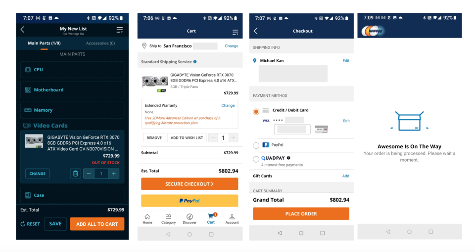 Screen shots of me completing the order for the RTX 3070.