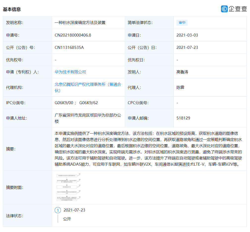 华为公开自动驾驶测量积水深度专利