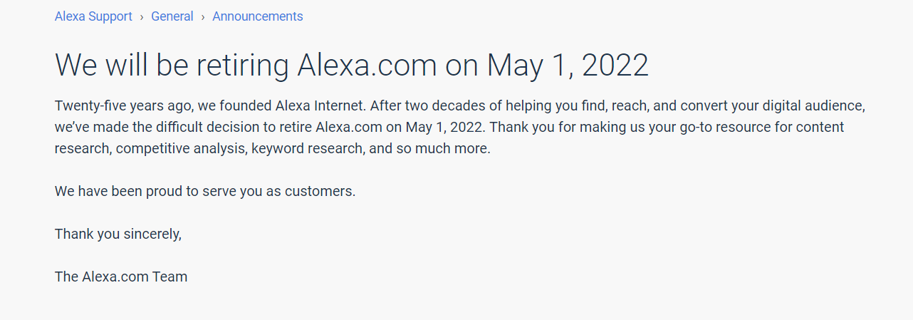 25 年历史终结,亚马逊宣布关闭其网站排名平台 Alexa.com