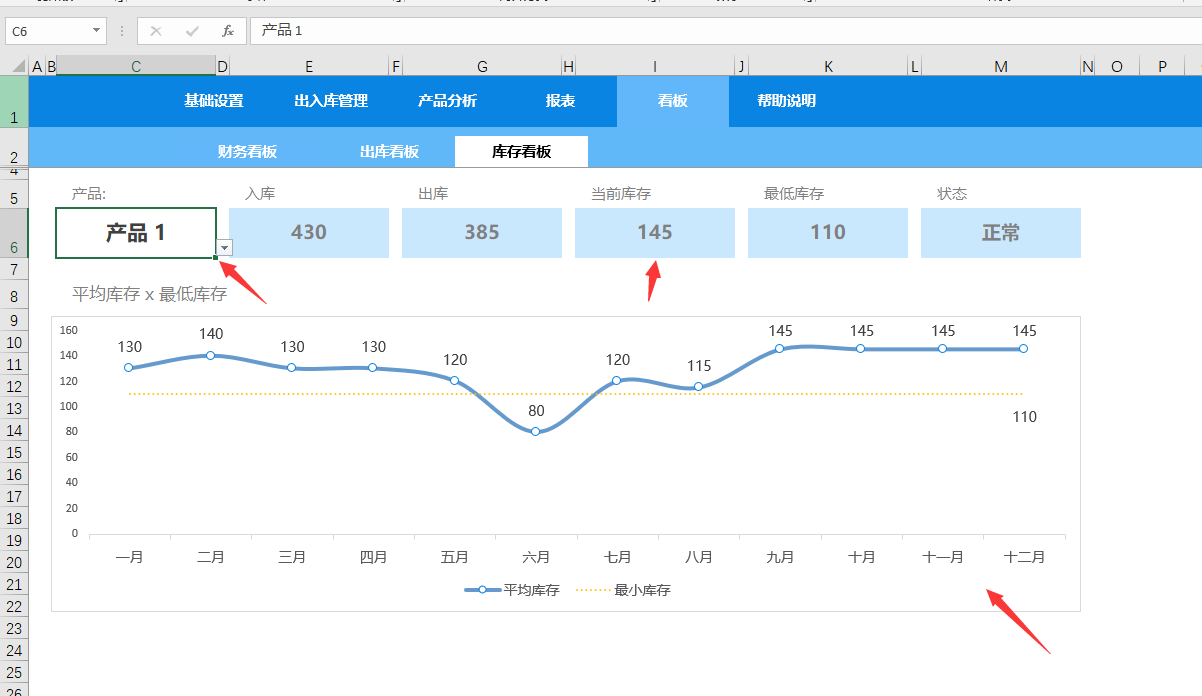 Excel出入库管理系统，进销存自动库存统算，图表展示一键操作
