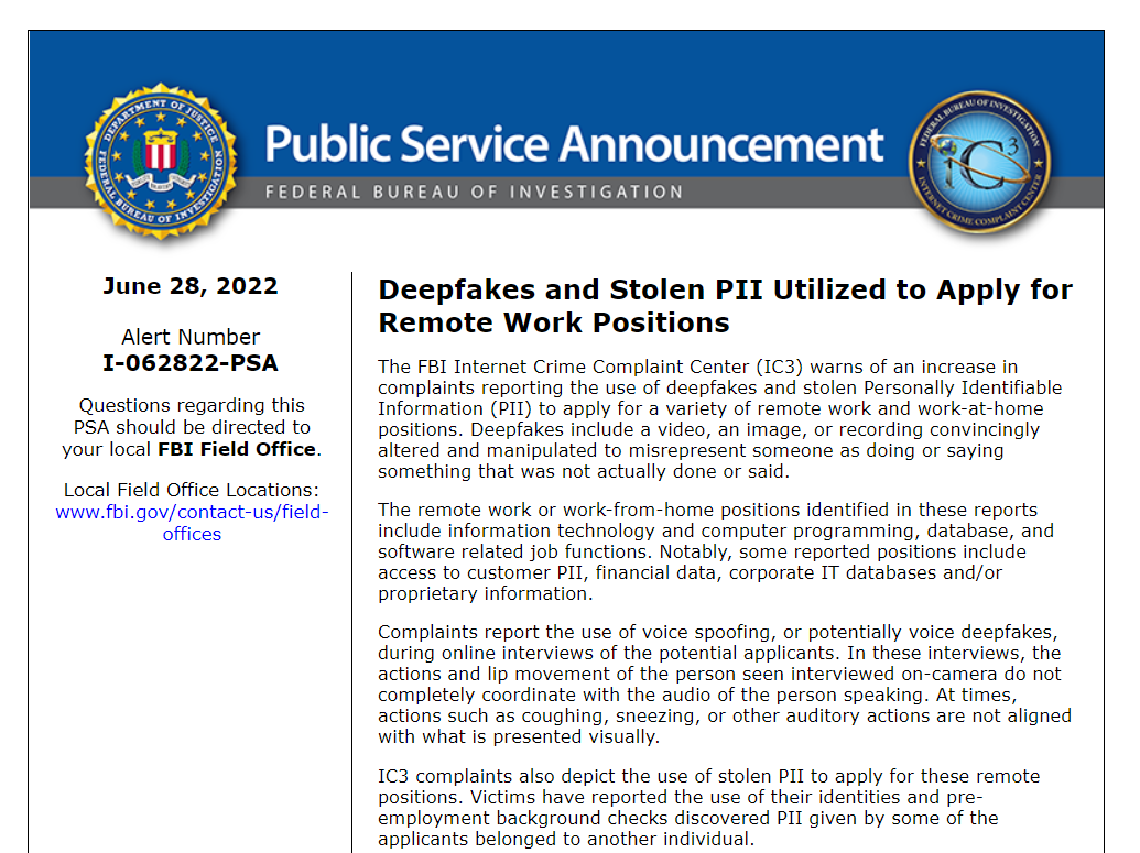 FBI 警告:有人利用 AI 换脸冒充他人身份进行远程面试