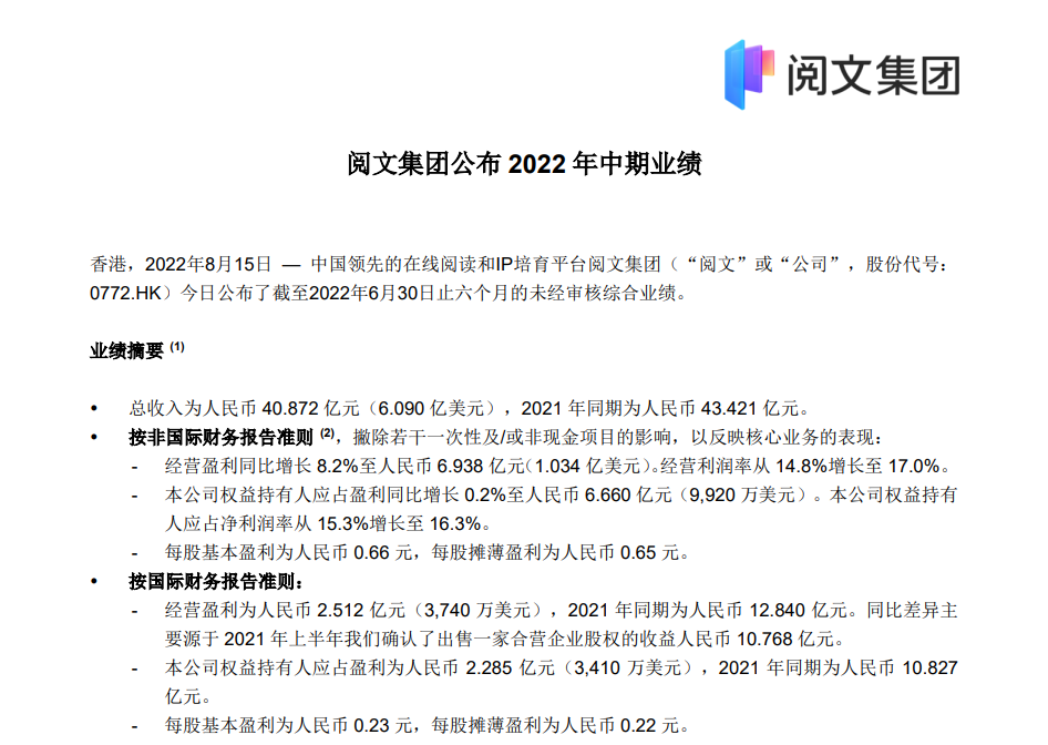 阅文集团上半年营收 40.9 亿元,平均月活用户 2.647 亿同比增长 13.8%