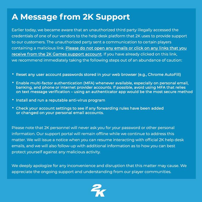 2K 发公告称服务网站遭到黑客攻击,警告玩家不要打开相关电子邮件