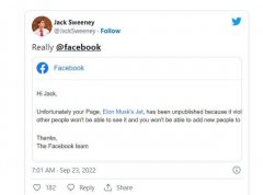 斯威尼追踪马斯克私人飞机的页面未被展示，因为它违反了 Facebook Pages 相关政