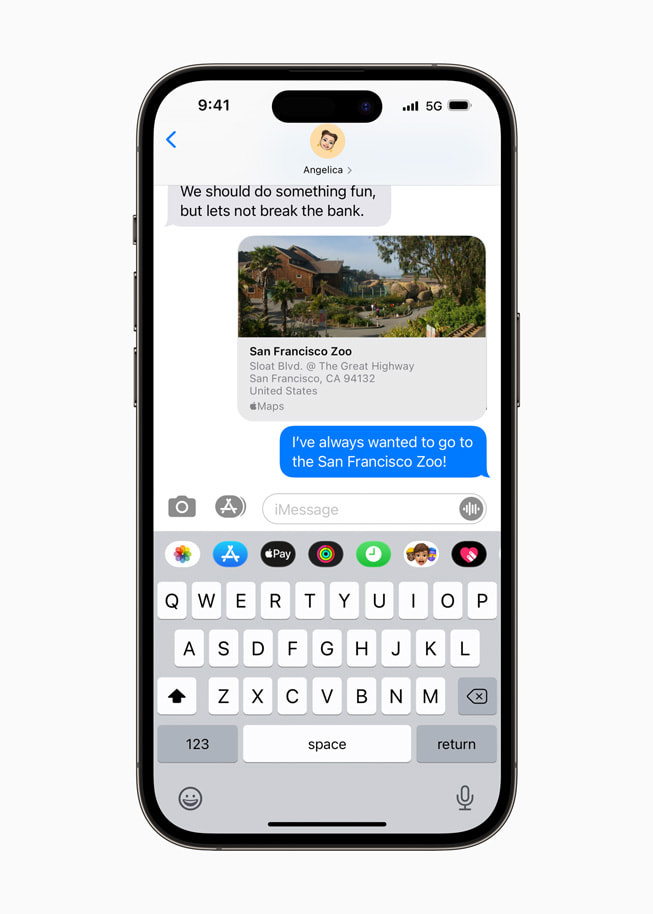信息 App 的对话中显示旧金山动物园的地点卡。
