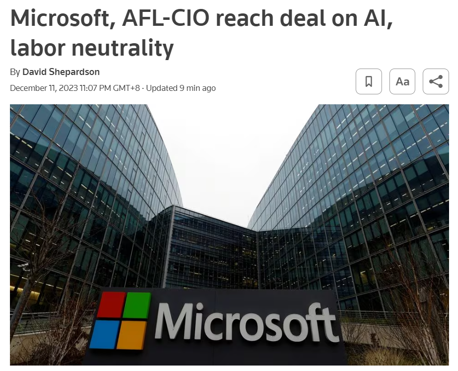 微软与美国最大工会 AFL-CIO 达成中立协议:不阻止工人入会,未来在 AI 方面合作